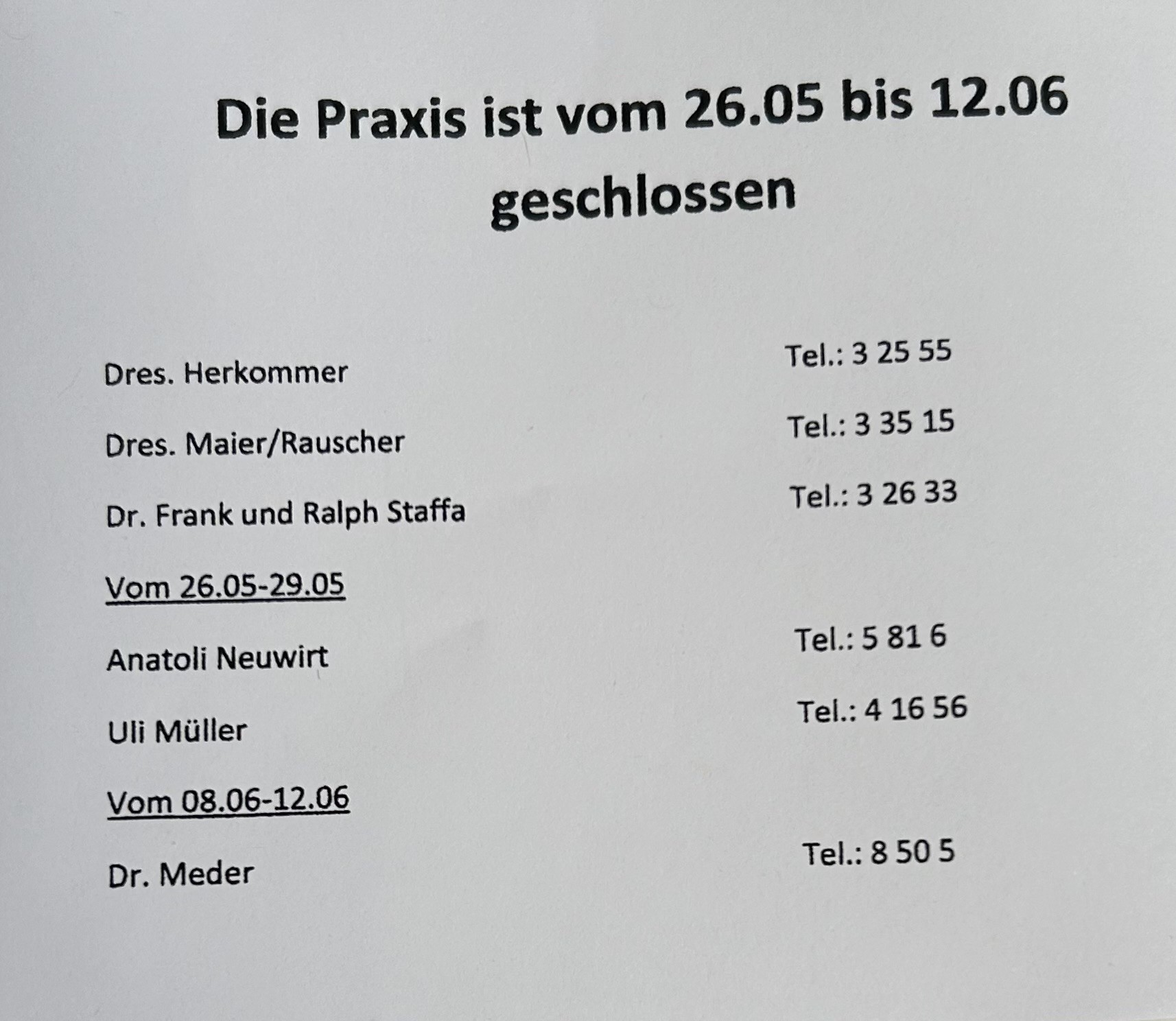 Aushang Urlaubsvertretung